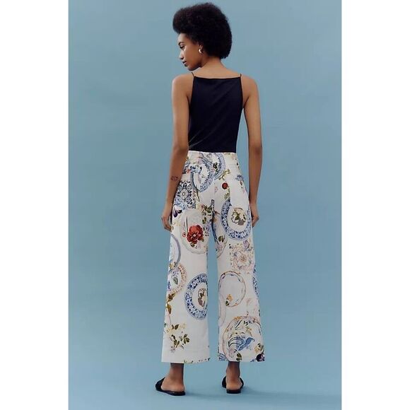 Anthropologie Colette Cropped Wide-Leg Pants Maeve Magic Fabric White Floral - Picture 3 of 5